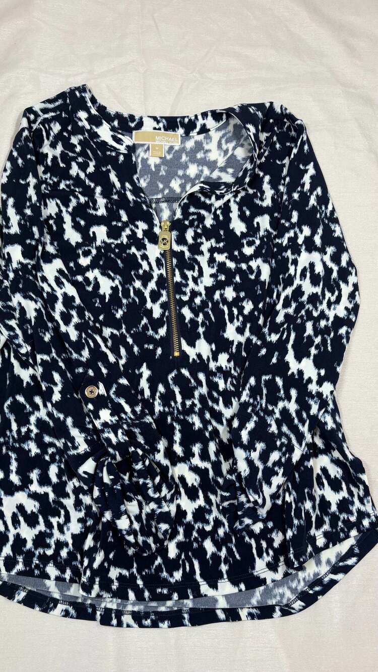 MICHAEL Michael Kors Zip Blouse Size M Black White Animal Print